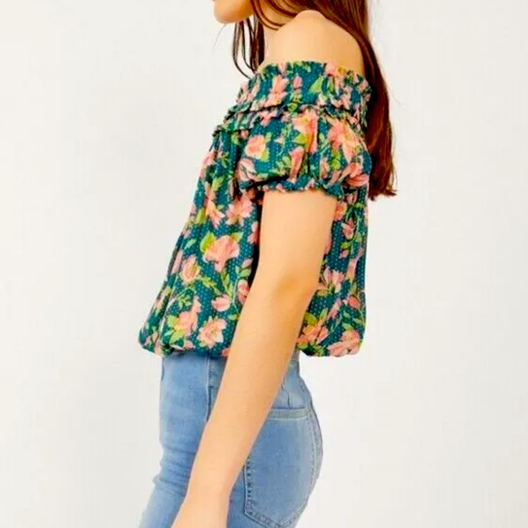 Free People Floral Print Blouse Size XS Green garden floral print off shoulder - Picture 2 of 10